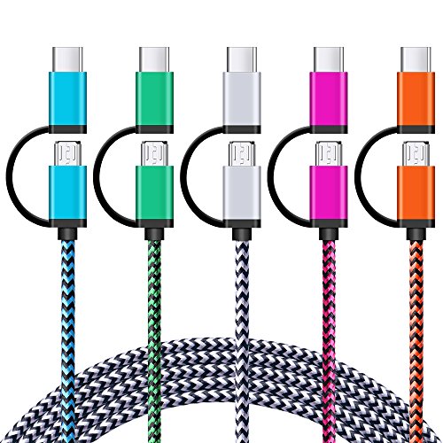 Product Cover USB Type C Cable 5Pack 6Ft USB C 2 in 1 Cable [ Micro USB & Type C ] Nylon Braided Fast Charger Cord Type A to C Wire for Samsung Galaxy S9 Note 8 S8 Plus, LG V35 V30 V20 G7 G6 G5,Google Pixel 2 XL