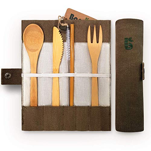 Product Cover Bambaw Bamboo Cutlery Set | Travel Cutlery Set | Eco Friendly Flatware Set | Knife, Fork, Spoon and Straw| Wooden Cutlery Set | Camping Cutlery Set with Travel Pouch |Olive| 7.9 Inch