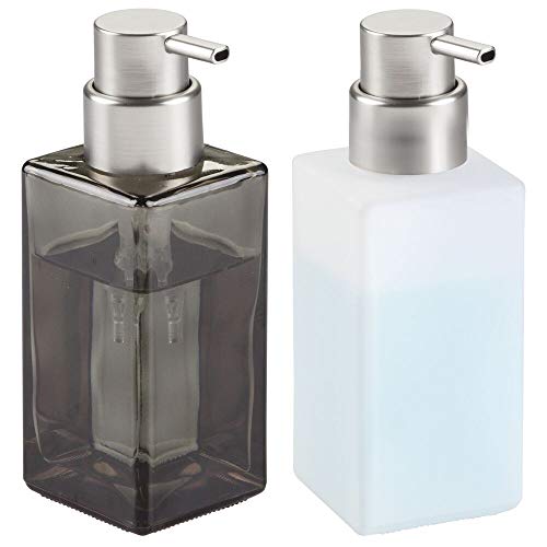 Product Cover mDesign Modern Square Glass Refillable Foaming Hand Soap Dispenser Pump Bottle for Bathroom Vanities or Kitchen Sink, Countertops - 2 Pack - Clear Frost/Brushed & Smoke Gray/Brushed
