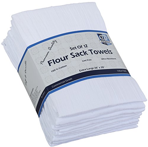 Product Cover Flour Sack Kitchen Towels (White,12 Pack) 100% Cotton,28x28 Inch Cloth Napkin, Bread wrapper, Cheesecloth, Multi Purpose Kitchen Dish Towels,Bar Towels, Extremely Absorbent & Sturdy By Excellent Deals