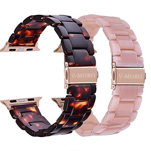 Product Cover V-MORO Compatible Apple Watch Band 38mm 40mm Women Men- 2 Pack Resin iWatch Band Bracelet with Copper Stainless Steel Buckle for Apple Watch Series 5 Series 4 Series 3 Series 2 - Tortoise+Pink