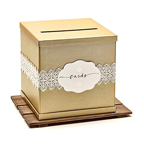 Product Cover Hayley Cherie - Gold Gift Card Box with White Lace and Cards Label - Gold Textured Finish - Large Size 10