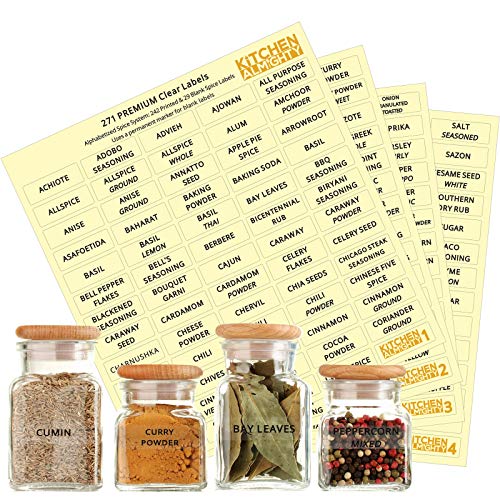 Product Cover KITCHEN ALMIGHTY 271 Spice Labels: 242 Spice/Herb Names + 29 Blank Labels | Thicker Labels & Backing Paper | Alphabetized Spice Label System Clear Round Corner PET Stickers and Black Letters