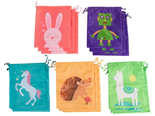 Product Cover Drawstring Bags - 15-Pack Party Favor Bag for Kids Birthday, Baby Shower - Giveaway Gift Bag, Goodie Bag, Treat Bags Party Supplies - 5 Designs, Unicorn, Hedgehog, Bunny, Robot, Llama, 10 x 12 Inches