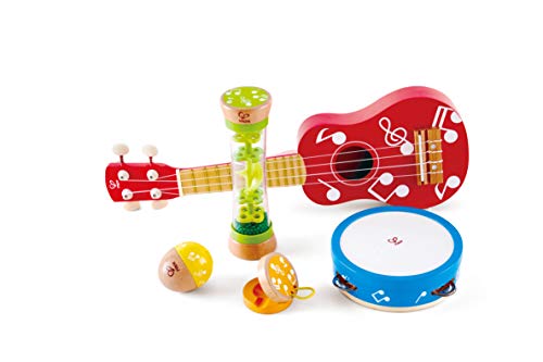 Product Cover Hape Mini Band Instrument Set | Five Piece Wooden Instrument Music Set for Kids Includes Ukulele, Tambourine, Clapper, Rattle and Rainmaker