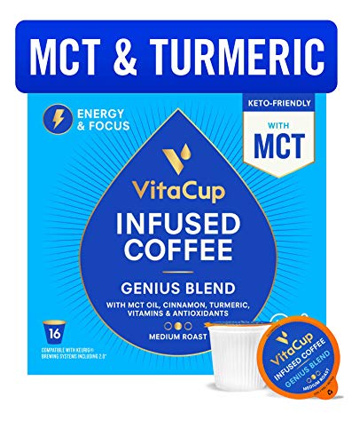 Product Cover VitaCup Genius Coffee Pods | Energy & Focus | Keto | MCT, Turmeric & Cinnamon | Vitamins B1, B5, B6, B9, B12, D3 | Compatible with Single Serve K-Cup Brewers Including Keurig 2.0, 16 Count