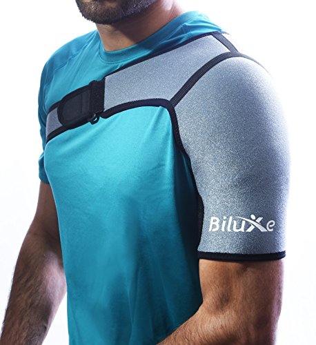 Product Cover Shoulder Brace - Adjustable Support for Men and Women - Neoprene Compression Sleeve - Relieves Pain for Rotator Cuff Injury, Dislocated Joint, Sport Injuries - Left or Right Compatible - Medium Size