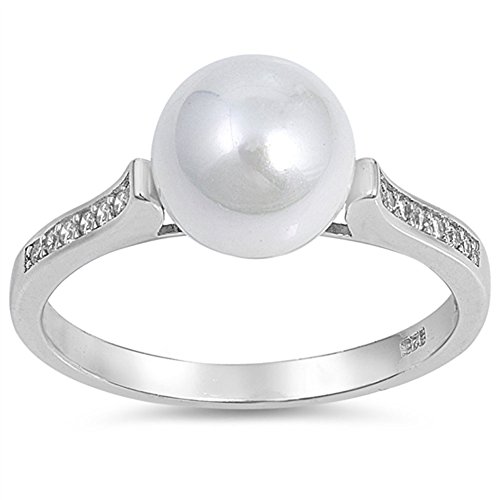 Product Cover White CZ Simulated Pearl Beautiful Ring New 925 Sterling Silver Band Sizes 5-10