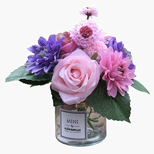 Product Cover Fresh home ,Artificial Flowers with Vase, Faux Rose Dahlia Chrysanthemum in Transparent Vase, Faux Flower Arrangements for Home Decor, Purple, Small