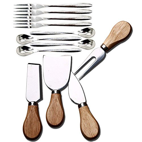 Product Cover [12Pcs/Pack]4 Pcs Set Cheese Knives with Wood Handle Steel Stainless Cheese Slicer Cheese Cutter & 4 Psc fruit fork & 4 Psc coffee spoon