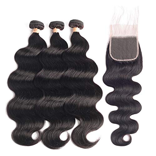 Product Cover Beaudiva Hair Brazilian Body Wave Human Hair 3 Bundles with Closure Free Part (18 20 22 +16 Closure) 100% Unprocessed Virgin Human Hair extensions With body wave Lace Closure Natural Black