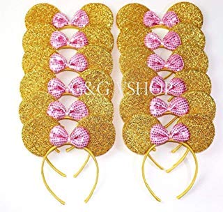 Product Cover Mickey Minnie Headband 12 pcs Mickey Minnie Mouse Ears Pink Gold Sequins Bow Headband for Boys and Girls Birthday Party Celebrations