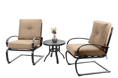 Product Cover PHI VILLA Patio Big X Design C-Spring Metal Lounge Cushioned Chairs and Bistro Table Set - Cafe Furniture Seat with Beige Cushions