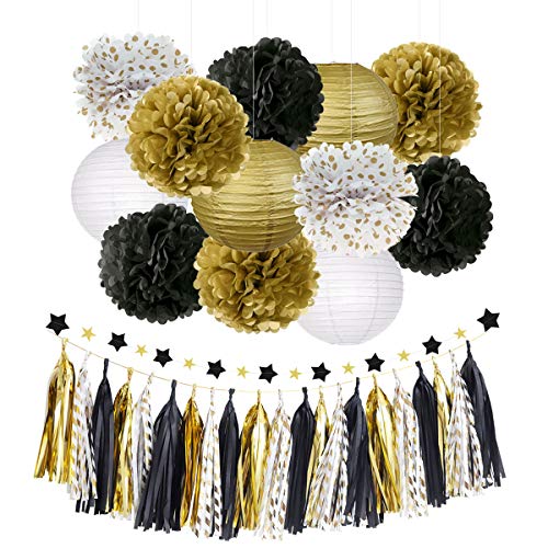 Product Cover NICROLANDEE Black Gold Party Decorations Tissue Paper Pom Poms Flowers Hanging Paper Lanterns Star Garland Tassel 2020 Graduations Wedding Birthday Party Supplies