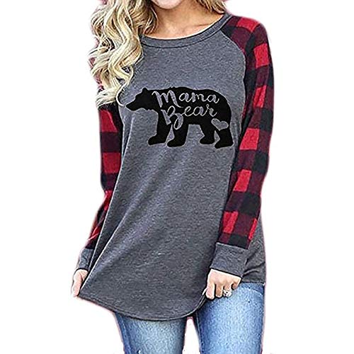 Product Cover Geicyjiecy Womens Casual Plaid Long Sleeve Letter Print Mama Bear Print Shirt Tops Blouse T-Shirts (S, Red)