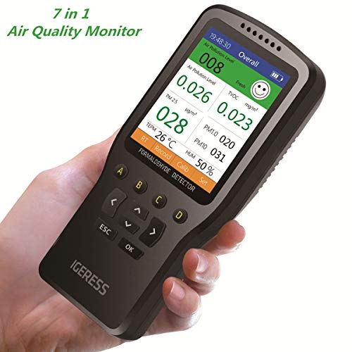 Product Cover Air Quality Monitor IGERESS Multifunctional Indoor Pollution Detector Meter for Formaldehyde, PM2.5, VOC, PM1.0, PM10, Temperature and Humidity Test, Real Time Air Tester Kit with Colorful LCD Screen