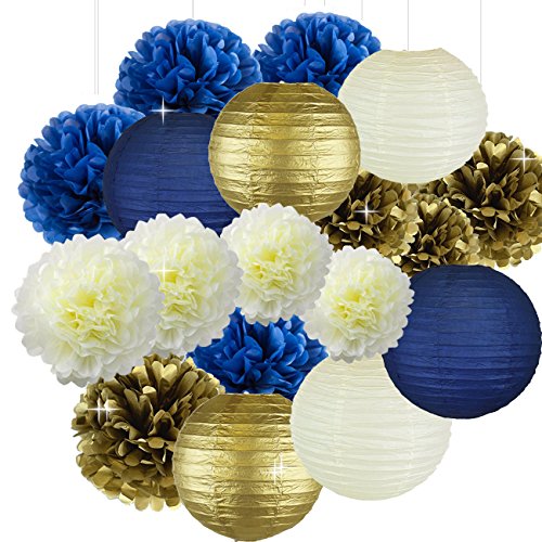 Product Cover Cream Navy Blue Gold 8inch 10inch Tissue Paper Pom Pom Paper Flowers Paper Honeycomb Paper Lanterns for Navy Blue Themed Party,Party Decoration Bridal Shower Decor Baby Shower Decoration