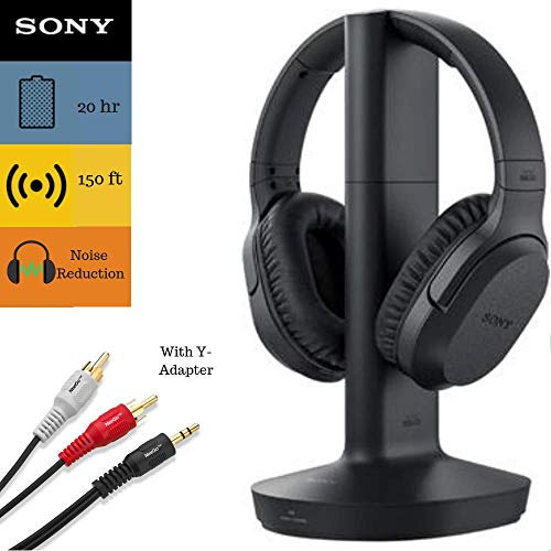 Product Cover Sony RF995RK Headphone & Cable Bundle - Wireless RF Headphones Feature 150-Foot Range, Noise Reduction, Volume Control, Voice Mode, 20-Hr Battery Life - 6-ft 3.5mm Stereo/2 RCA Plug Y-Adapter for TV,
