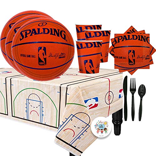 Product Cover NBA Basketball Spalding Party Supplies Party Pack for 16 Guests with Spalding Plates, Cups, Full Cutlery Set, Napkins, Tablecover and Pin