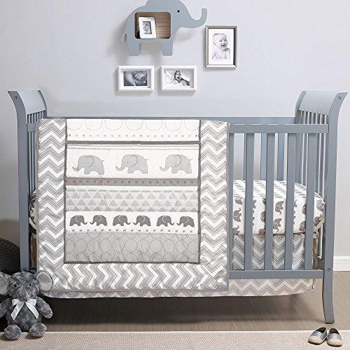 Product Cover Elephant Walk 4-Piece Jungle Geometric Chevron Grey Neutral Baby Crib Bedding Set by Belle