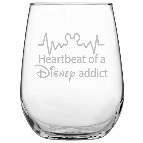 Product Cover Funny Disney-Inspired Stemless Wine Glass | Mickey Mouse Fan | Birthday | For Him | For Her | Housewarming | Wedding | Anniversary Present | by Laser Etchpressions | Heartbeat of a Disney Addict