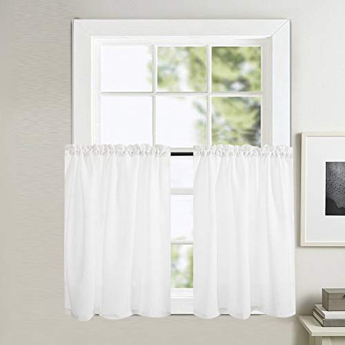 Product Cover Tier Curtains 24 inch Rod Pocket for Kitchen Casual Weave Textured Cafe Curtain Semi Sheer Short Curtain for Bathroom Half Window,Thick, 2 Panels, W68xL24|Set,White