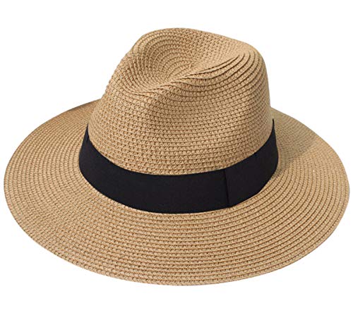 Product Cover Lanzom Women Wide Brim Straw Panama Roll up Hat Fedora Beach Sun Hat UPF50+ (A-Brown)