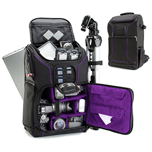 Product Cover USA GEAR SLR Camera Backpack Case (Purple) - 15.6 inch Laptop Compartment, Padded Custom Dividers, Tripod Holder, Rain Cover, Long-Lasting Durability and Storage Pockets - Compatible with Many DSLRs
