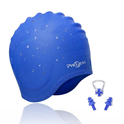 Product Cover PHELRENA Swimming Cap Waterproof Premium Silicone Solid Long Hair Earmuffs Swim Cap Flexible Reversible for Adults Kids Women Men, Keeps Hair Clean Ear Dry, Free with Nose Clip and Ear Plugs