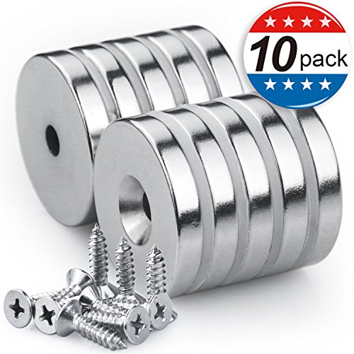 Product Cover Neodymium Disc Countersunk Hole Magnets with 10 Screws, 1.26 inch D x 0.2 inch H Strong Rare Earth Magnets - Pack of 10