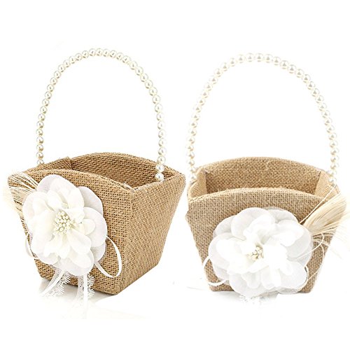 Product Cover Awtlife 2PCS Burlap Flower Girl Basket Pearl Handle For Vintage Rustic Wedding Ceremony