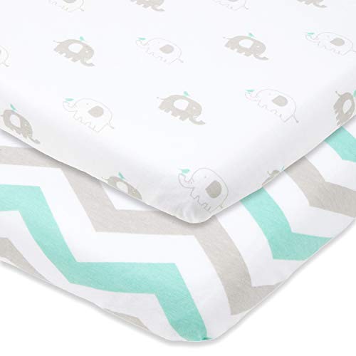 Product Cover Bassinet Sheets Set 2 Pack for Boy & Girl by Cuddly Cubs | Soft & Breathable 100% Jersey Cotton | Fitted Elastic Design | Mint & Grey Chevron & Elephant | Fits Oval, Halo, Chicco Lullago, Bjorn, Lotus