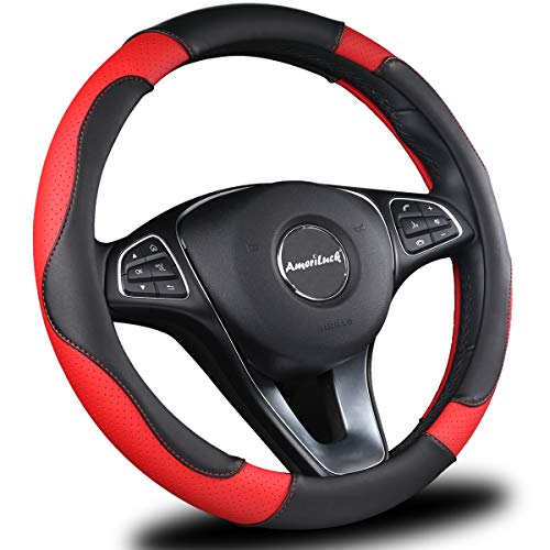 Product Cover AmeriLuck Car Steering Wheel Cover, Universal 15 inch, Odorless, Breathable, Anti-Slip, Sporty, Soft & Snug Grip (Micro Fiber, Red | Black)
