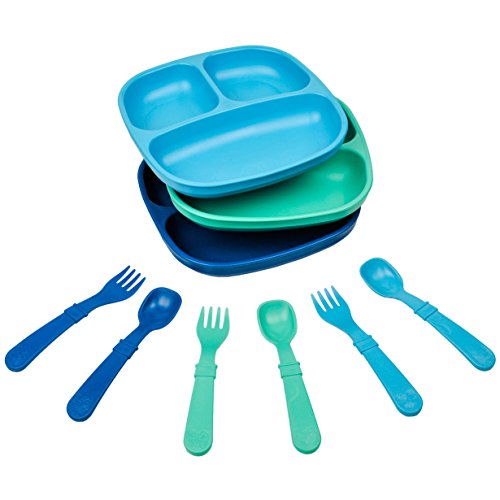 Product Cover Re-Play Made in The USA Dinnerware Set - 3pk Divided Plates with Matching Utensils Set (True Blue)