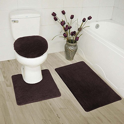 Product Cover MK Home Collection 3 Piece Bathroom Rug Set Bath Rug, Contour Mat & Lid Cover Non-Slip with Rubber Backing Solid Brown/Chocolate New
