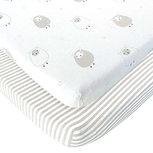 Product Cover Cuddly Cubs Bassinet Sheets Set 2 Pack for Boys & Girls Soft & Breathable 100% Jersey Cotton | Fitted Elastic Design | Grey Sheep & Stripes | Fits Oval Halo, Chicco Lullago, Bjorn, Ingenuity