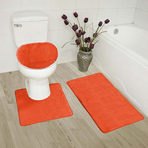 Product Cover Mk Home Collection 3 Piece Bathroom Rug Set Bath Rug, Contour Mat & Lid Cover Non-Slip with Rubber Backing Solid Orange New
