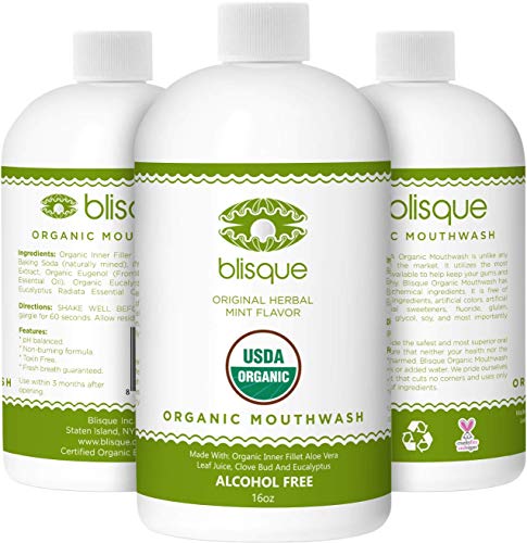 Product Cover Blisque Organic Mouthwash - With Aloe Vera, Clove and Eucalyptus Essential Oil and Licorice Root- Natural Alcohol Free Mouthwash - Fluoride and Glycerin Free - Oral Rinse for Healthy Gums - Vegan