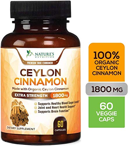Product Cover True Organic Ceylon Cinnamon Highest Potency Standardized 1800mg - Organic Ceylon Cinnamon Pills - Blood Sugar Levels Support Supplement, Vegan Anti-Inflammatory for Joint Pain Relief - 60 Capsules