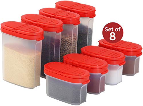 Product Cover Clear Plastic Empty Spice Container Spice Jars with Lid - Kitchen Bottle Dispenser Store Spice,Herb,Rub,Sugar,Salt,Pepper 2 Way Lids Sift/Pour Shaker-Refillable Airtight Jar Red Cap 8 pk.4 mini 4 big