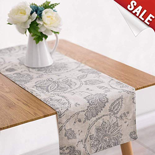 Product Cover jinchan Table Cloth Linen Textured Scroll Patten Triangular Decorative Burlap Tablecovers Rustic Floral Design Handcrafted Flax Tablecloths(1 Panel 13