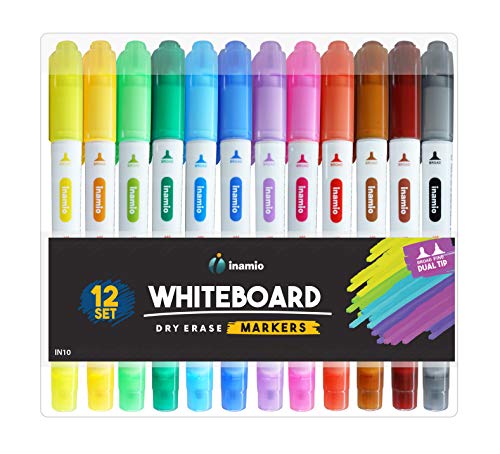 Product Cover Dry Erase Markers for Whiteboard - Dual Tip, Medium and Fine Point - Ultra Fine Tip Dry Erase Markers, Perfect for Home, School or Office - Low Odor, 12 Set Assorted Colors