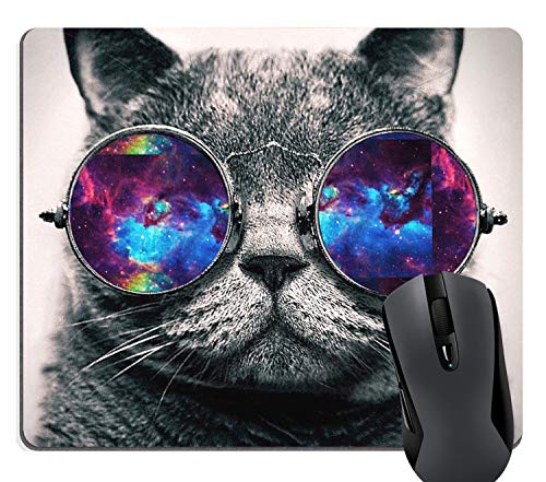 Product Cover Wknoon Cool Galaxy Cat Hipster Kitten Wearing Colored Sunglasses Gaming Mouse Pad Custom, Cute Grey Black Space Cat Funny Mouse Pads for Computers 9.5 X 7.9 Inch (240mmX200mmX3mm)