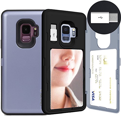 Product Cover Galaxy S9, SKINU [Galaxy S9 Wallet Case] Galaxy S9 Charger Dual Layer Hidden Credit [S9 Card Case] Holder ID Slot Card Case with Inner USB Type C Adapter and Mirror for Galaxy S9 (2018) - Orchid Gray