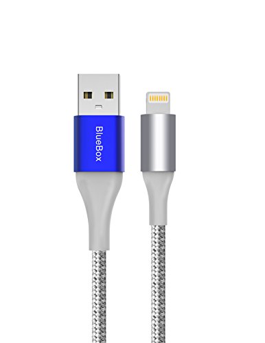 Product Cover BlueBox Cobalt Series Premium Nylon Braided Charge/Sync Cable Compatible with Apple iPhone Xs Max/Xs/Xr, 8/8 Plus, 7/7 Plus and More [MFi Certified] (Silver, 1.5 Ft)