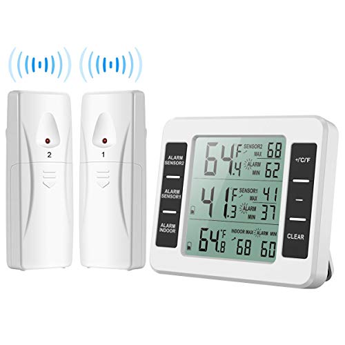 Product Cover (New Version) AMIR Refrigerator Thermometer, Wireless Indoor Outdoor Thermometer, Sensor Temperature Monitor with Audible Alarm Temperature Gauge for Freezer Kitchen Home (Battery not Included)