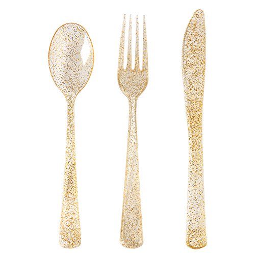 Product Cover 300pcs Gold Plastic Silverware, Party Plastic Flatware, Disposable Gold Glitter Cutlery, 100 Gold Forks, 100 Gold Knives, 100 Gold Spoons,Supernal