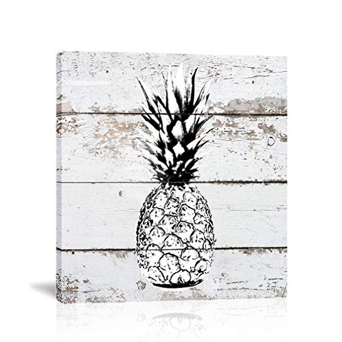 Product Cover K-Road Pineapple Wall Art Black and White Canvas Painting Framed Picture Rustic Farmhouse Bathroom Living Room Decor 12x12 Inch (B)