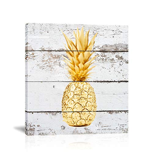 Product Cover K-Road Pineapple Wall Art Gold Canvas Painting Framed Picture Rustic Farmhouse Bathroom Living Room Decor 12x12 Inch (G)