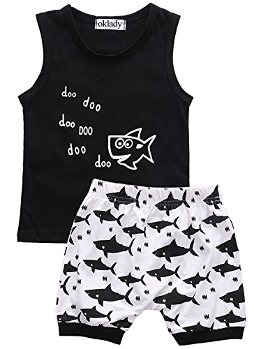 Product Cover Baby Boy Girl Clothes Shark and Doo Doo Print Summer Cotton Sleeveless Outfits Set Tops and Short Pants